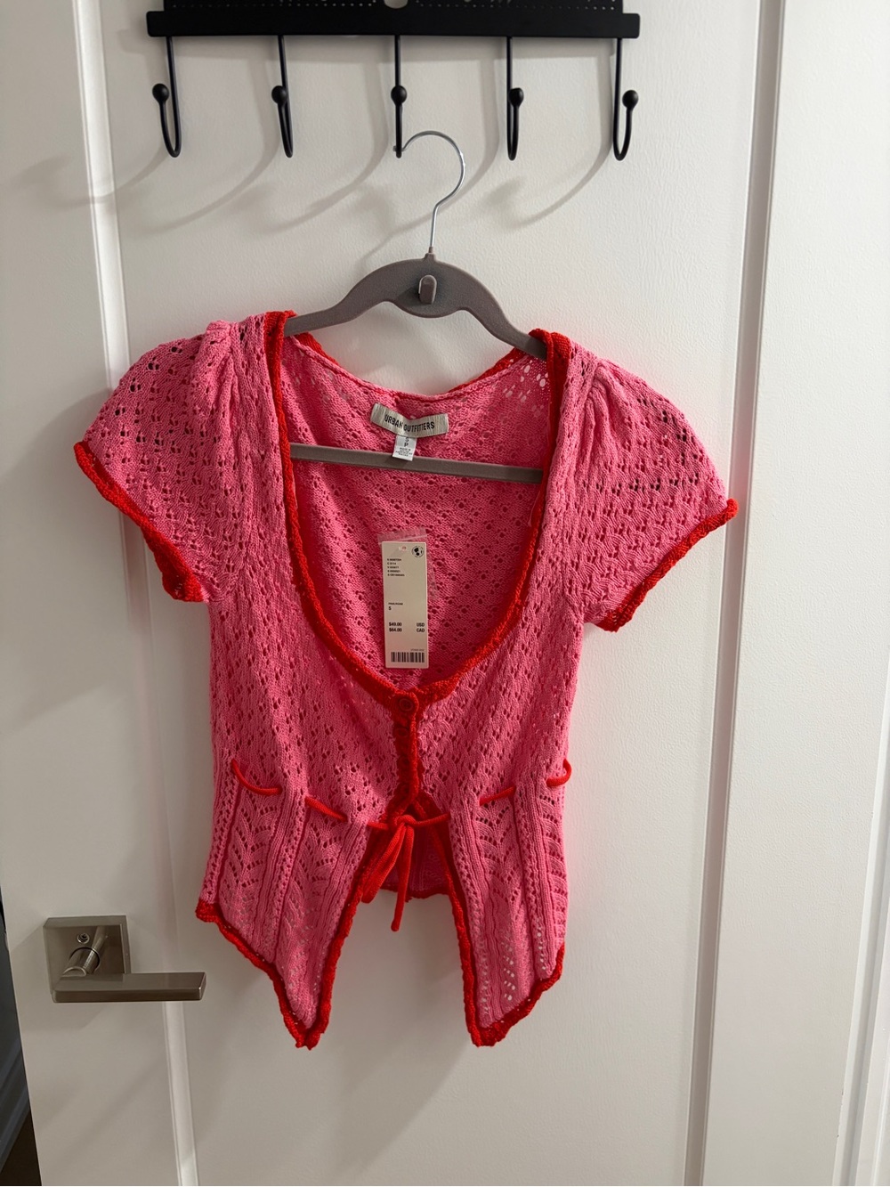 Urban Outfitters Pink Knit Tie-Front Top with Red Trim